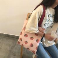 倪酱小铺 草莓包包女2019新款日系帆布袋ins少女可爱单肩帆布包女 粉红色