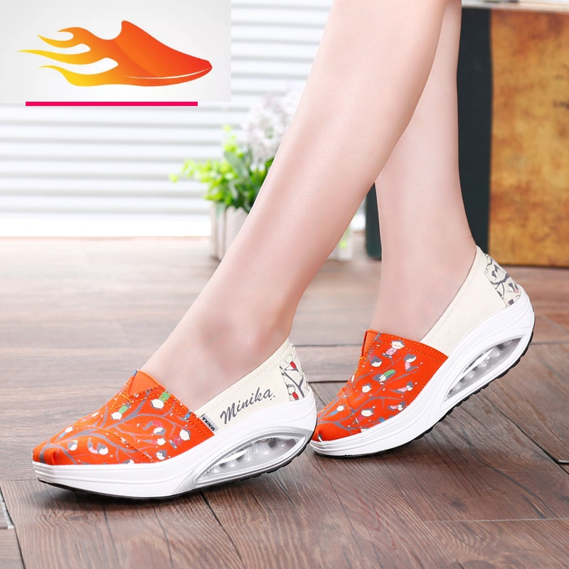 fishbasket韩版厚底帆布鞋女鞋气垫摇摇鞋女坡跟懒人鞋一脚蹬休闲布鞋