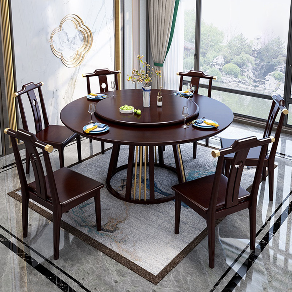 月影梳桐新中式实木餐桌椅组合家用圆桌台带转盘8人餐厅家具现代风格