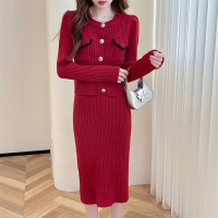 唐狮红色针织开衫和半裙女新款冬季穿搭一整套高级感qd