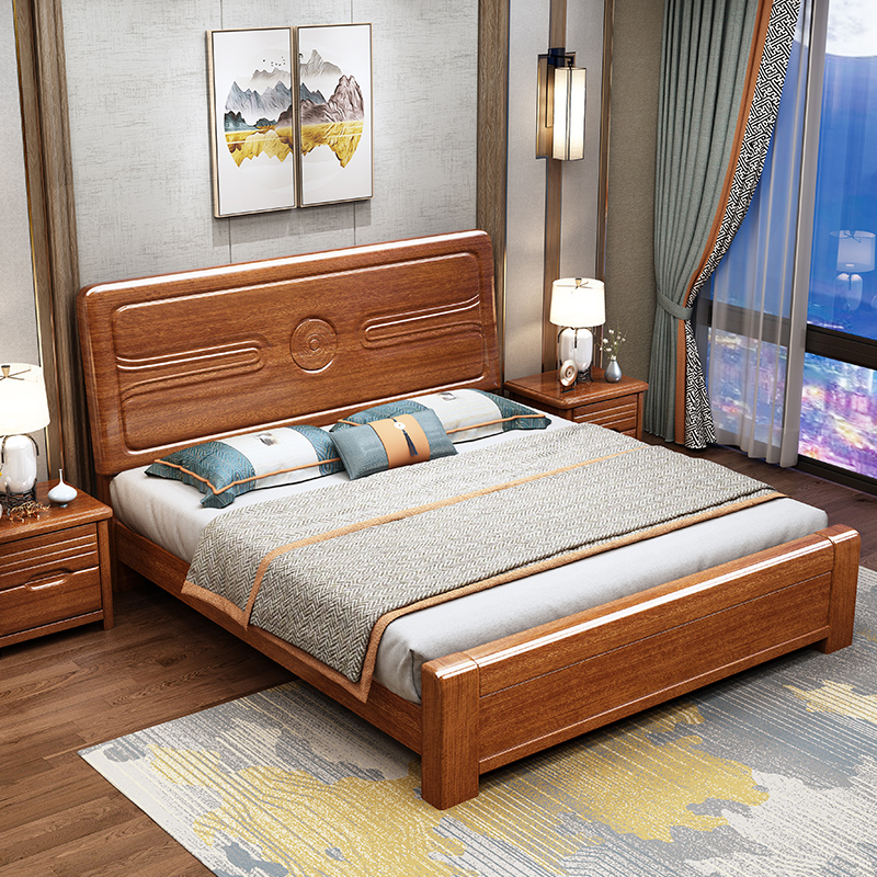 甄沐胡桃木实木床1.81.5米卧室经济家具中式高箱储物气压床婚床双人床