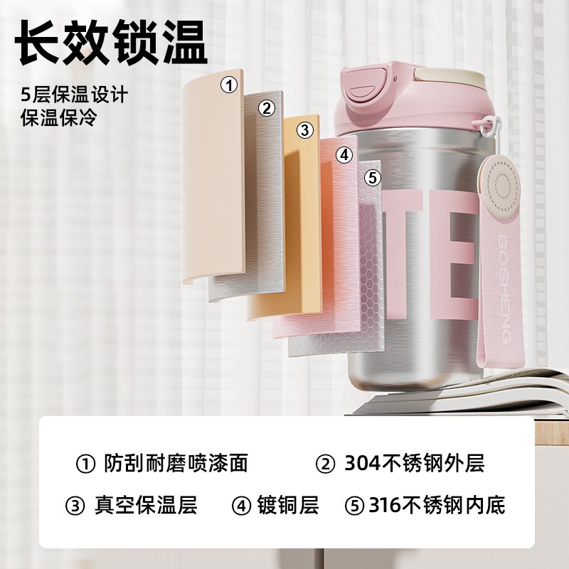 简约吸管保温杯316不锈钢水杯上班族办公室咖啡杯夏季保冷双饮杯子