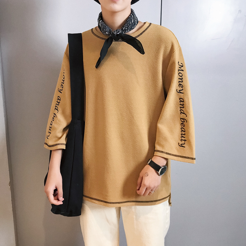 青少年春夏款宽松短袖T恤男孩七分袖打底衫初中学生半袖上衣服7分