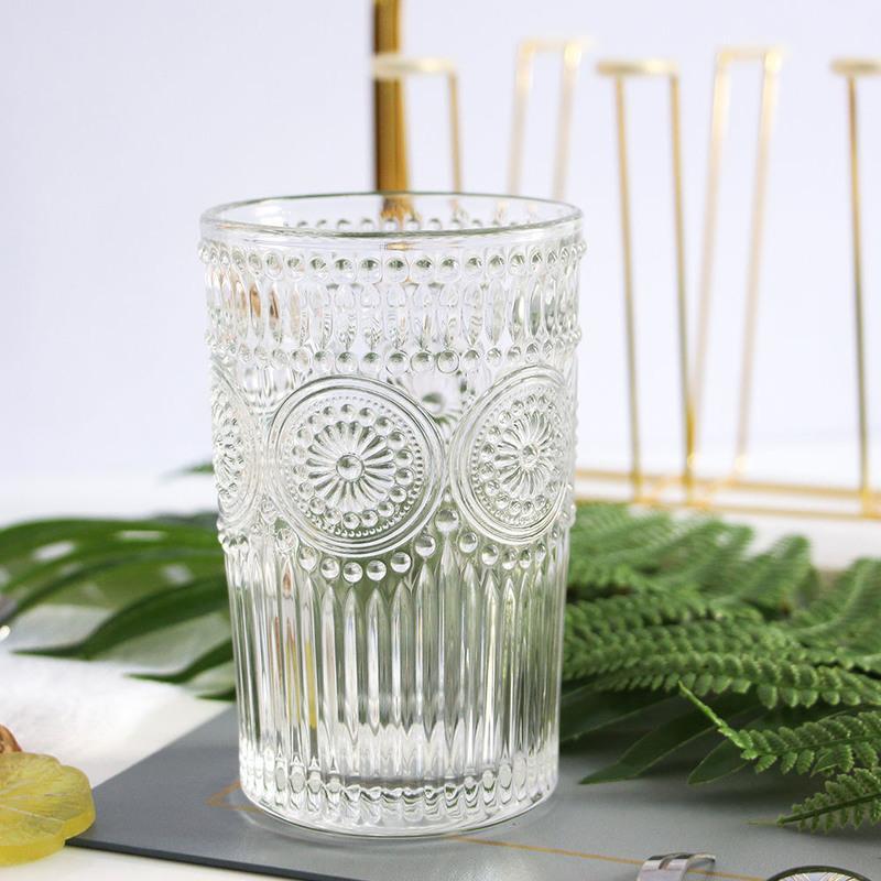 2只复古刻花浮雕太阳花玻璃杯北欧式ins风巴洛克圆形金边家用水杯透明