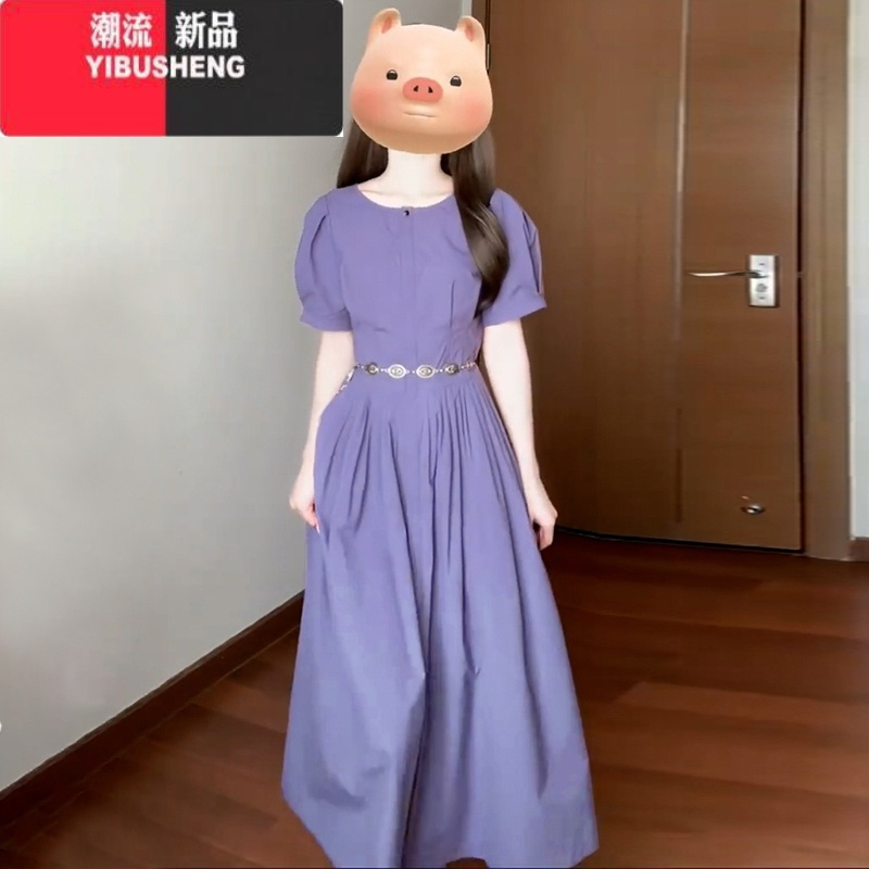 YIBUSHENG法式气质泡泡袖紫色连衣裙子女季2024新款收腰小个子高级感长裙