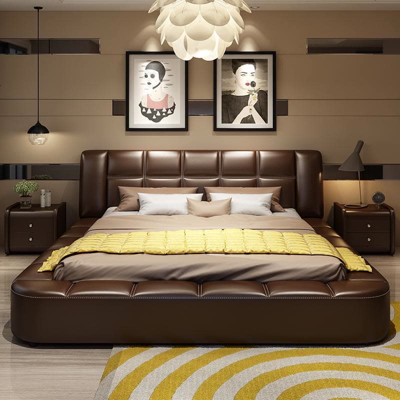 皮床真皮床北欧简约现代轻奢双人床二胎加宽榻榻米主卧大床2米2.2图片