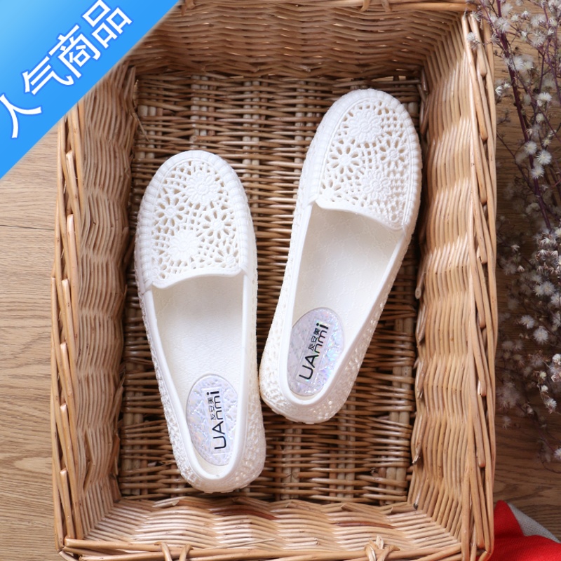 SUNTEK夏季白色塑料凉鞋女护士鞋妈妈鞋软底平底透气工作镂空包头洞洞鞋高清大图