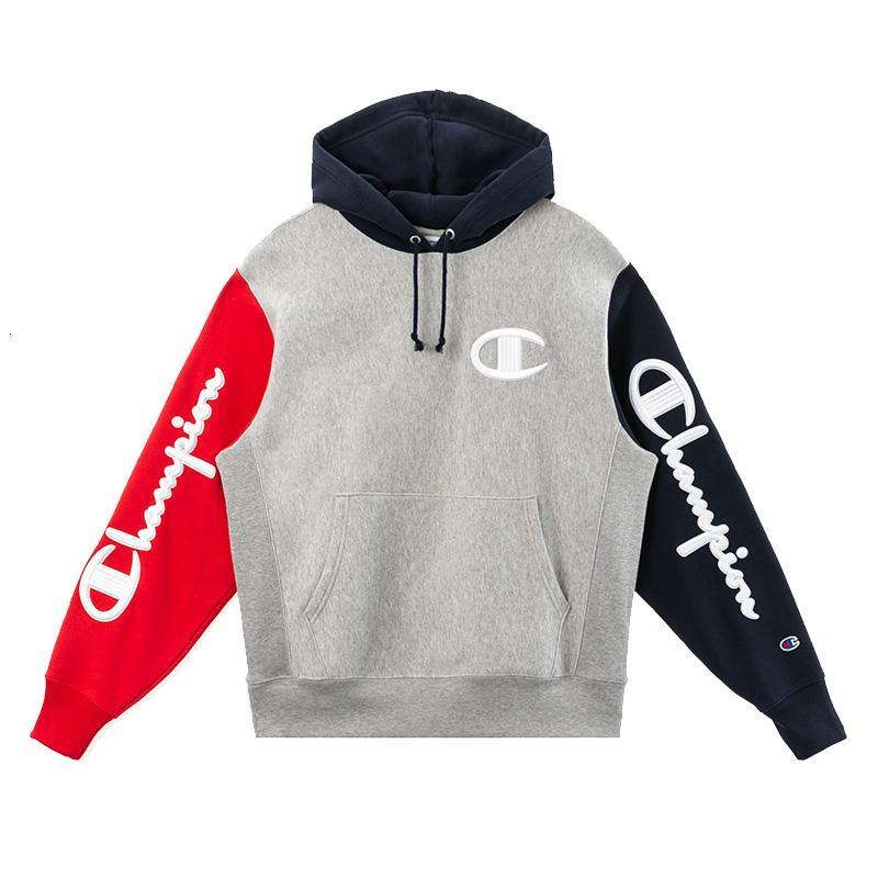 champion冠军2020新款男式加绒春秋2020年刺绣logorw拼接连帽卫衣