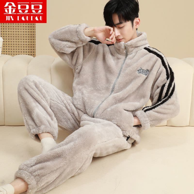 绒睡衣男秋冬韩版加厚加绒男士珊瑚绒冬天保暖套装长袖家居服图片