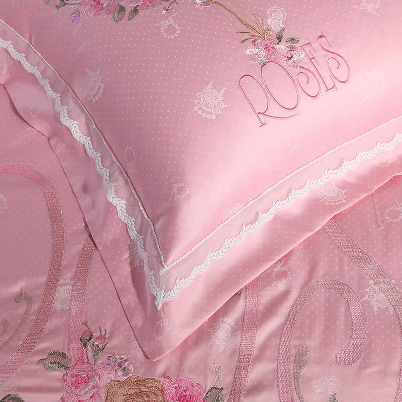 美帮汇家纺绣花婚礼蕾丝婚庆床上用品粉色提花结婚六件套甜蜜爱侣