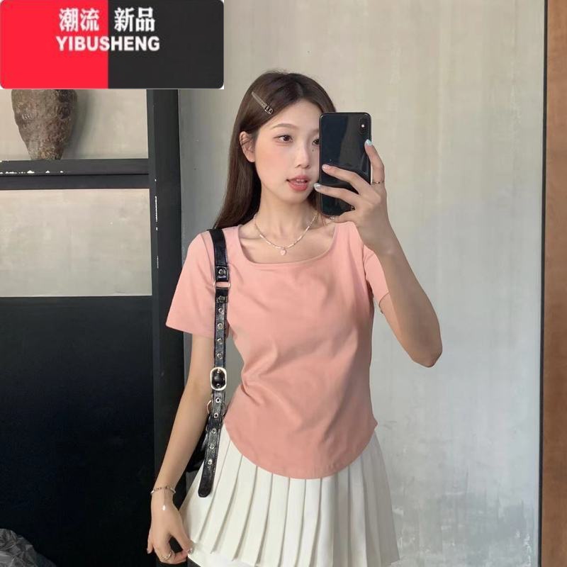 YIBUSHENG大码微胖方领正肩短袖t恤2024新款季胖mm显瘦遮肚不规则上衣女高清大图