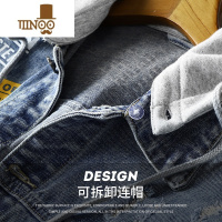YANXU新品潮流撞色印花型男外套破洞可脱卸连帽牛仔夹克工装休闲男上衣