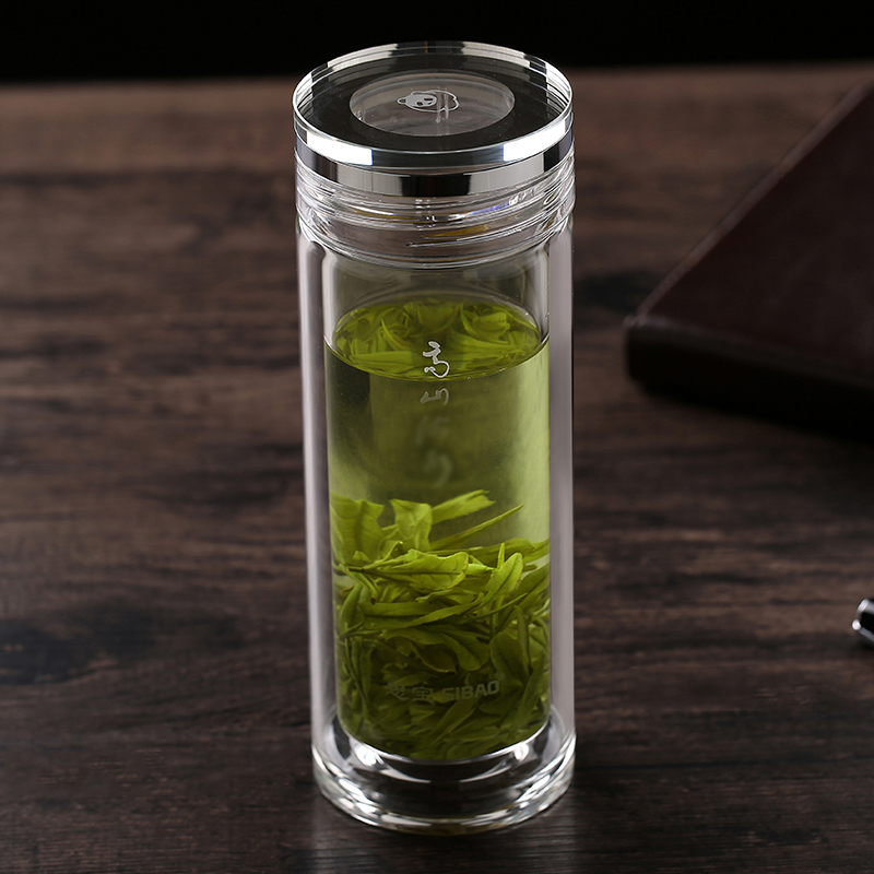 思宝玻璃杯商务泡茶杯子便携杯双层透明保温晶茶杯男