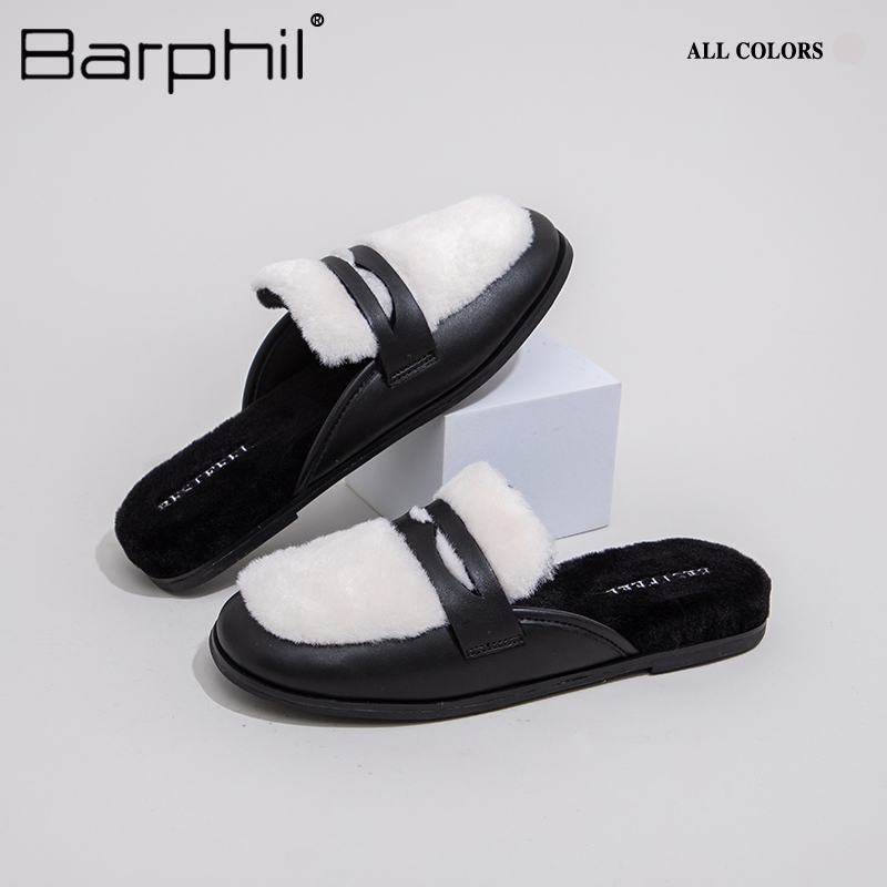 Barphil外穿半拖鞋2023冬季新款加绒保暖懒人一脚蹬棉鞋小皮鞋女