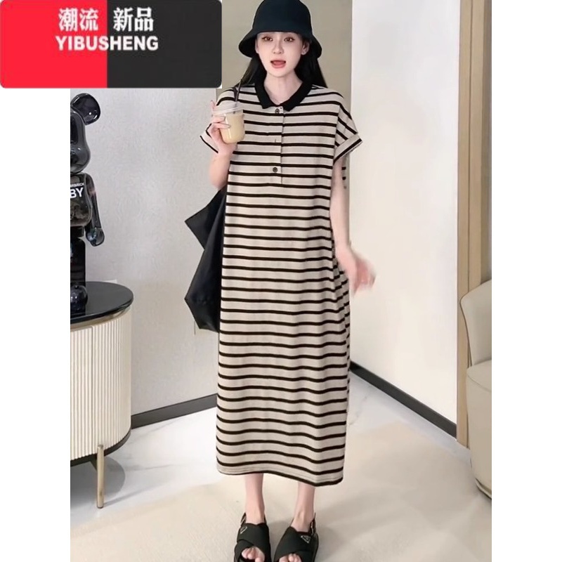 YIBUSHENG慵懒风宽松翻领条纹大版连衣裙女2024季时尚遮肉显瘦垂感中长裙高清大图