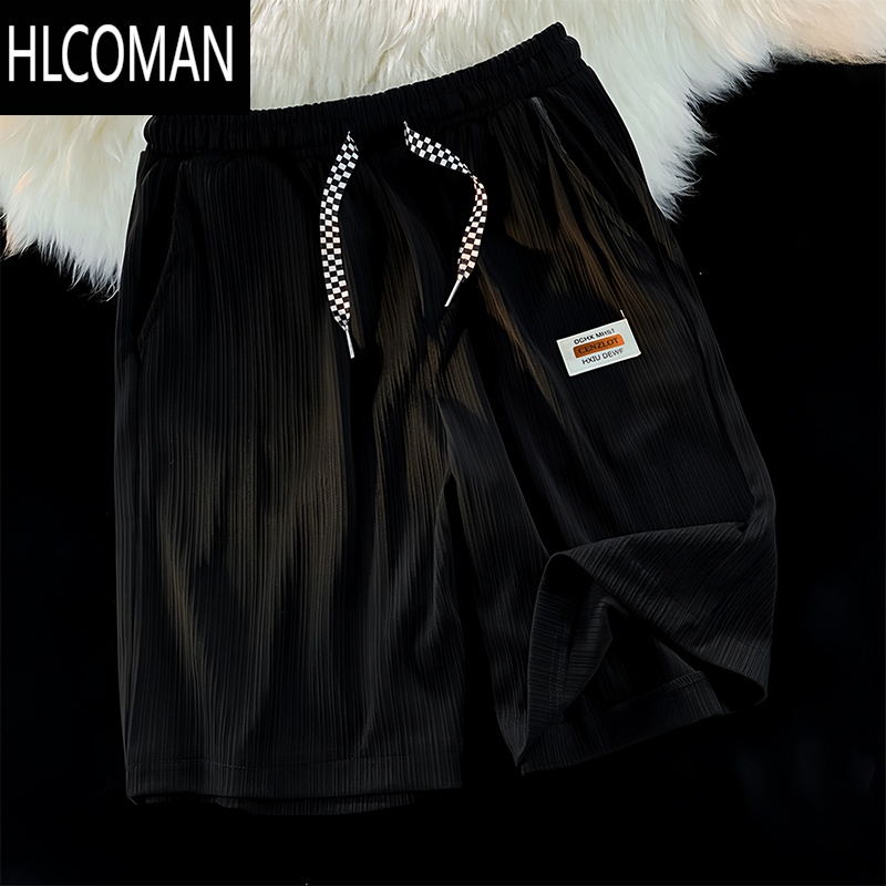 HLCOMAN冰丝短裤男夏季潮薄款运动透气宽松凉感五分裤居家直筒休闲中裤 黑色-短裤冰丝短裤 4XL建议165斤-180斤