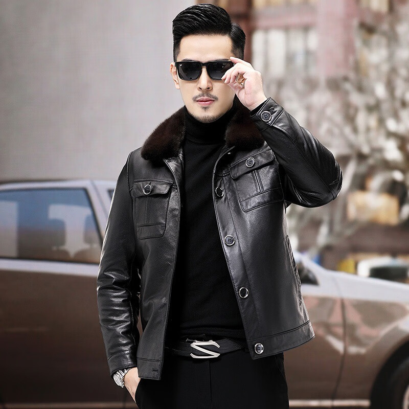 杜卡西品牌轻奢真皮皮衣羽绒服男水貂毛领可脱卸内胆头层牛皮夹克冬季