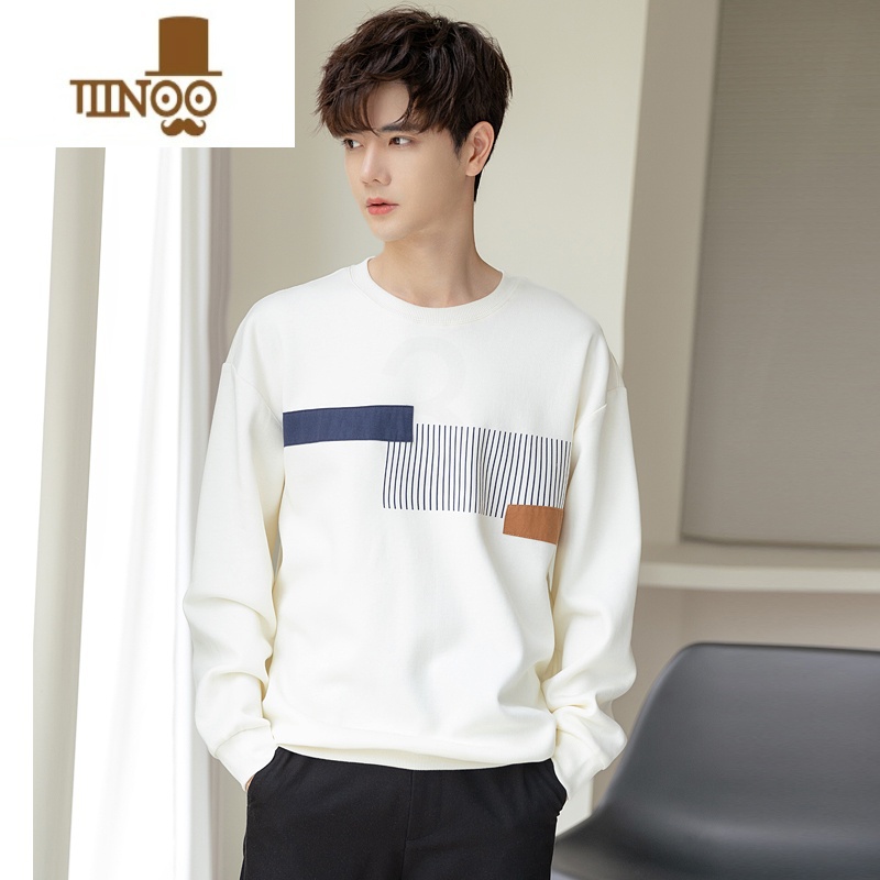 YANXU个性拼接圆领卫衣男2023新款简约休闲百搭青年无帽套头上衣高清大图