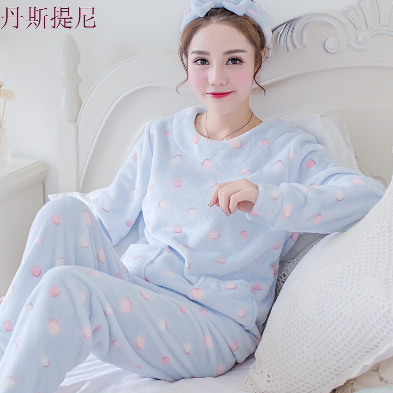 珊瑚绒睡衣女冬季春秋加厚加绒法兰绒套头套装韩版可爱家居服大码