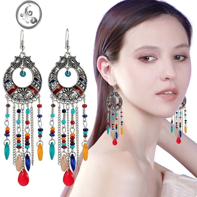 jimi藏式耳钉民族风耳饰藏族配饰耳坠旅游宫廷风长款游玩耳夹无耳洞女