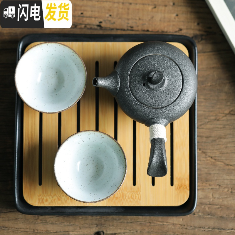 三维工匠丨粗陶侧把壶 日式功夫茶壶 酒精炉煮茶壶 复古陶瓷茶具 福器迎春壶(雅黑)