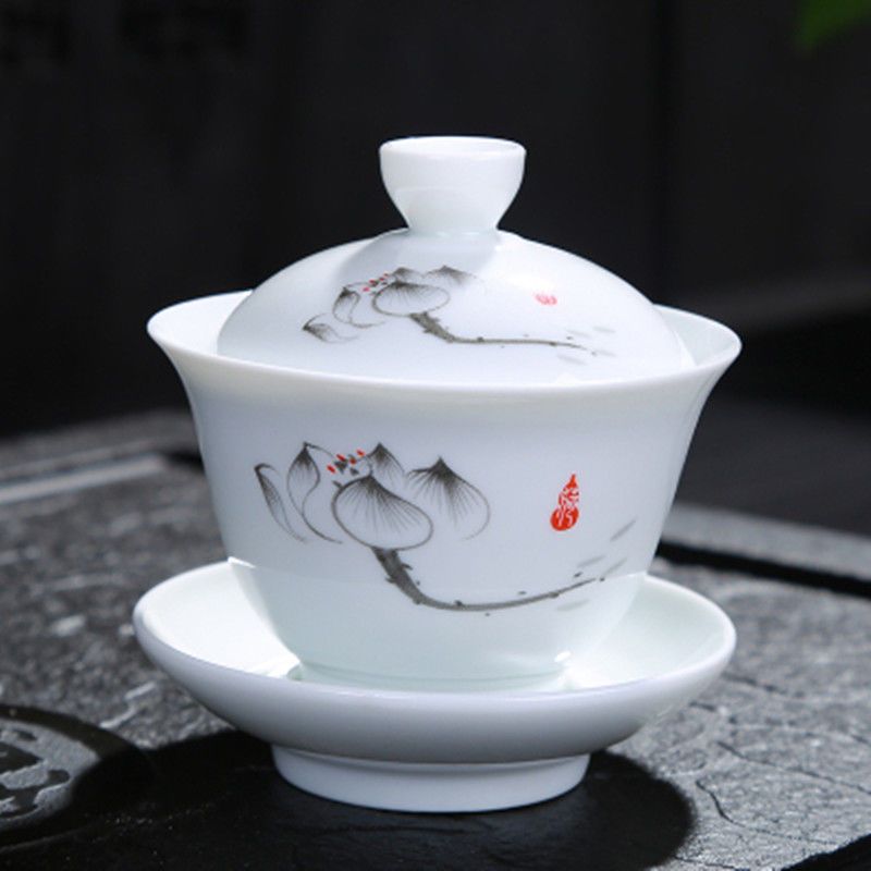 盖碗茶杯茶具特大号泡茶碗功夫德化陶瓷三才白瓷青花瓷盖碗300ml墨荷