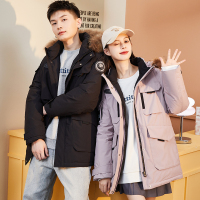 唐狮冬季新款情侣羽绒服男女中长款连帽毛领加厚冲锋保暖工装外套_81128 XL A款/男款黑色