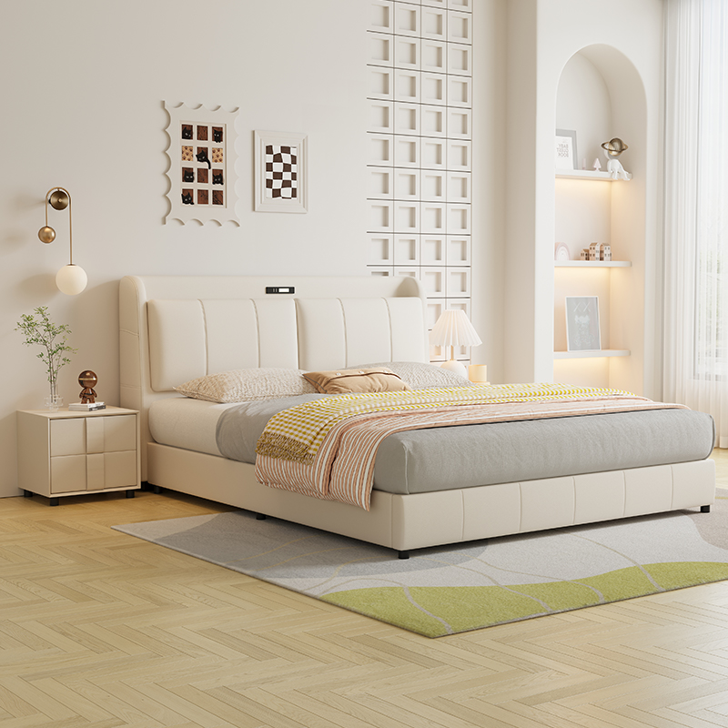 奶油风真皮床轻奢现代简约双人床主卧室小户型婚床家用软包储物床高清大图