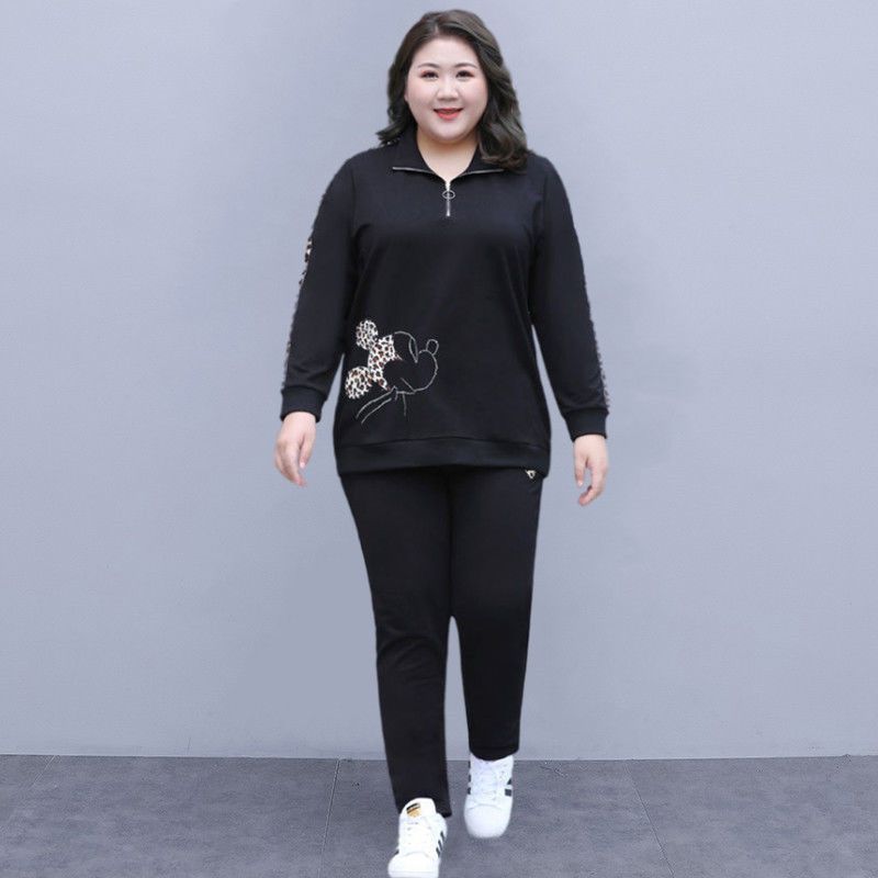 大码运动装套装女春秋胖mm300宽松休闲服跑步加肥加大卫衣两件套