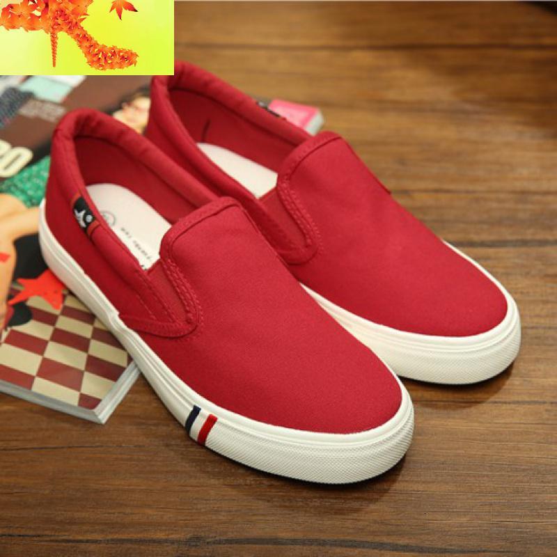 红色帆布鞋懒人平底鞋男一脚蹬老北京休闲布鞋大码45潮46韩版47码简畅