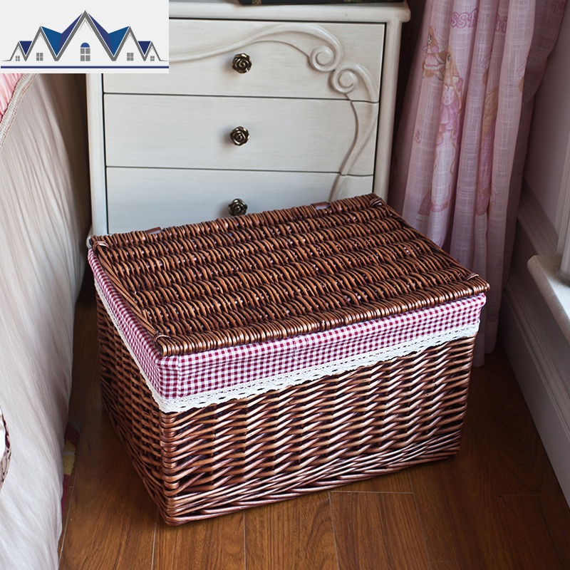 藤编有盖收纳筐柳编脏衣服篮衣柜储物筐整理盒收纳箱衣橱电视柜盒 三维工匠收纳篮 【咖啡色筐】------------红格布大号