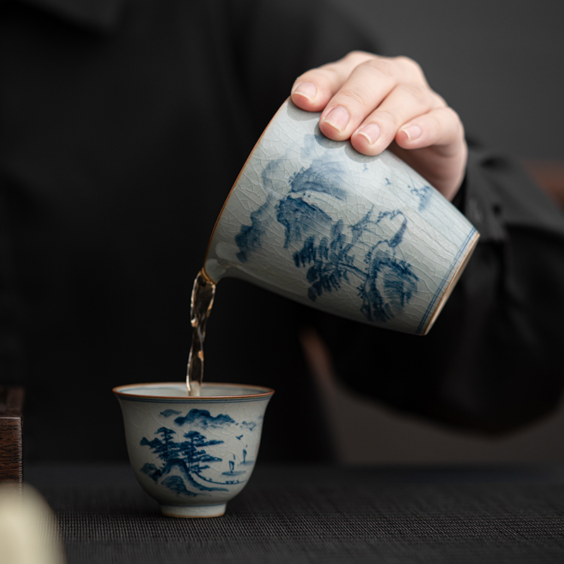 苏氏陶瓷(SUSHI CERAMICS)汝窑开片手绘山水泛舟三才盖碗茶壶礼盒茶具组