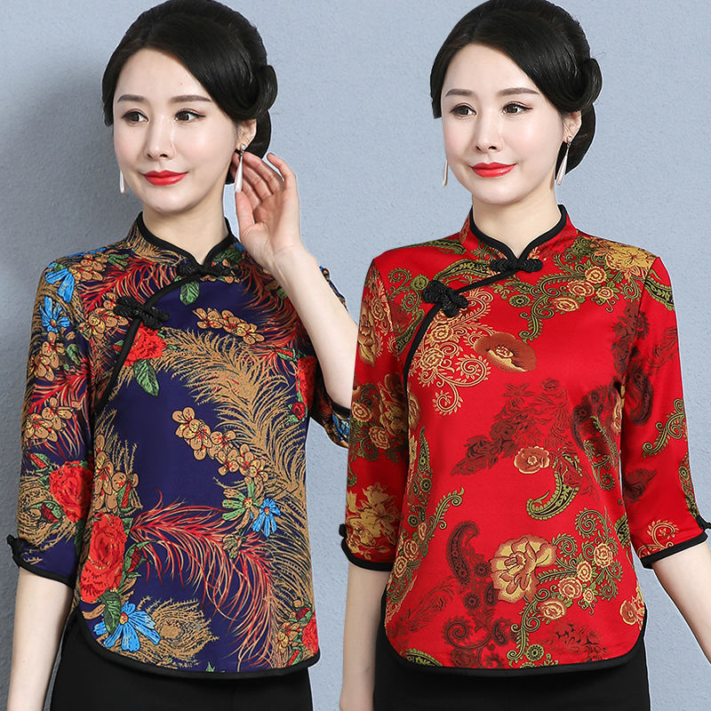 21夏季新旗袍领中袖t恤妈妈装遮肚洋气上衣中年女装中国风打底衫