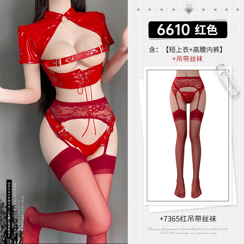 霏慕情趣内衣挖空露胸狂野火辣漆皮装性感制服诱惑角色扮演亮皮紧身皮衣夜店女王装高腰内裤吊带丝袜午夜魅力血滴子女式情趣睡衣 红色【短上衣+高腰内裤】+吊带丝袜 均码