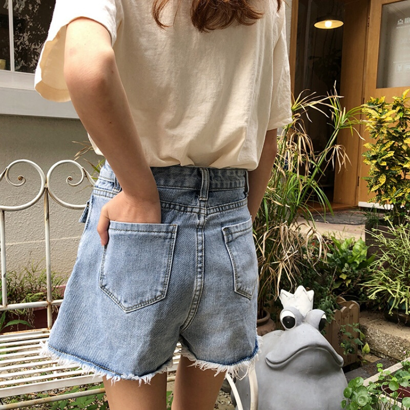 夏季显瘦牛仔裤女磨破水洗复古高腰牛仔短裤女夏热裤假两件裤裙