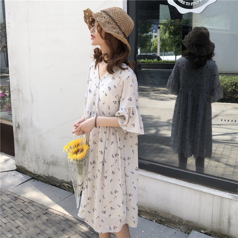 夏装韩版气质小清新V领宽松中长款短袖碎花连衣裙显瘦学生长裙女白色均码