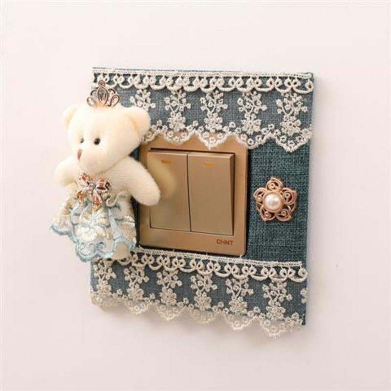 一个新品开个贴开关套防尘保护套布艺花朵开关田园罩闭火贴皇冠小熊蓝