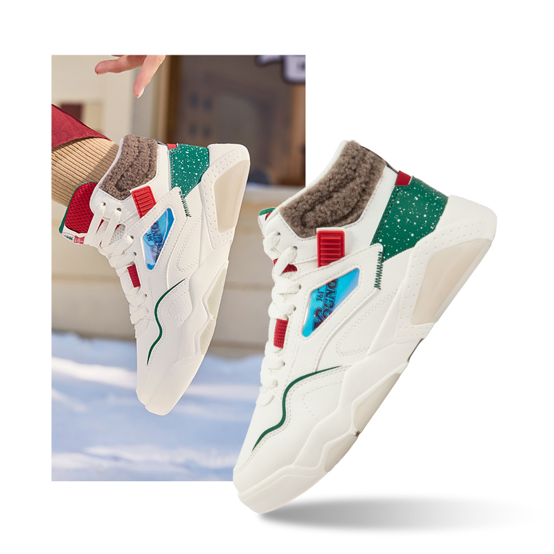 361°加绒女鞋冬季新款鞋子保暖二棉鞋厚底增高运动鞋高帮板鞋女款 羽毛白/健身红 38码