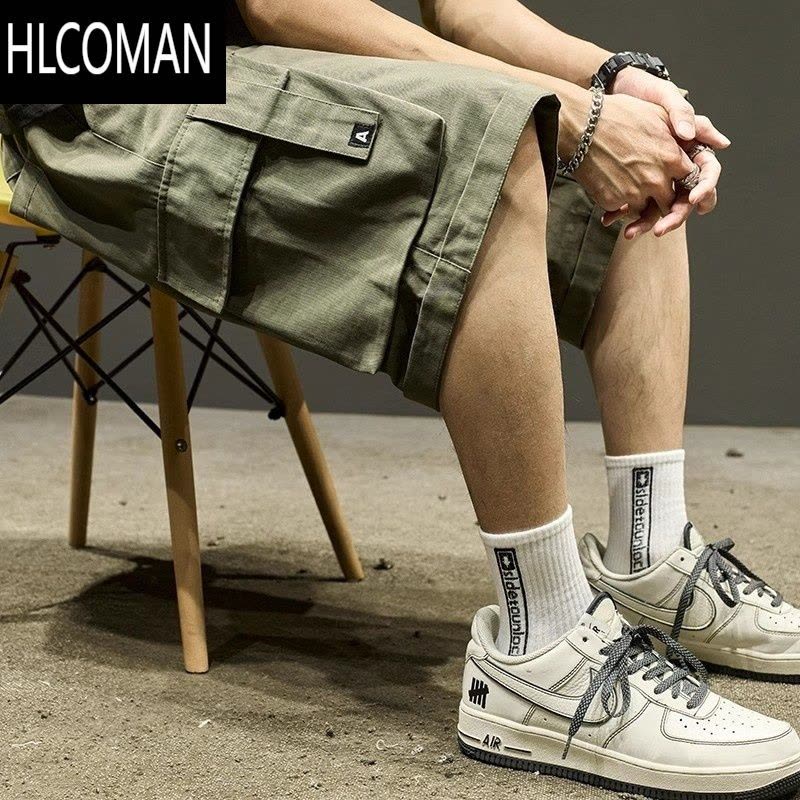 HLCOMAN工装短裤男生日系复古军绿色潮流直筒中裤机能五分裤夏季图片