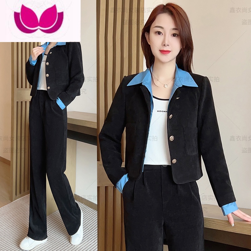 七斓高级感小洋装时尚套装女2023新款气质名媛洋气减龄职业套 2XL129-145斤 黑色外套+阔腿裤两件套