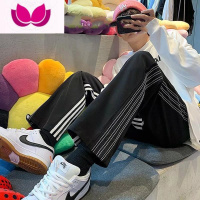 七斓条纹休闲裤男秋季港风宽松直筒裤韩版潮流运动裤百搭高街痞松宽百 S 黑色