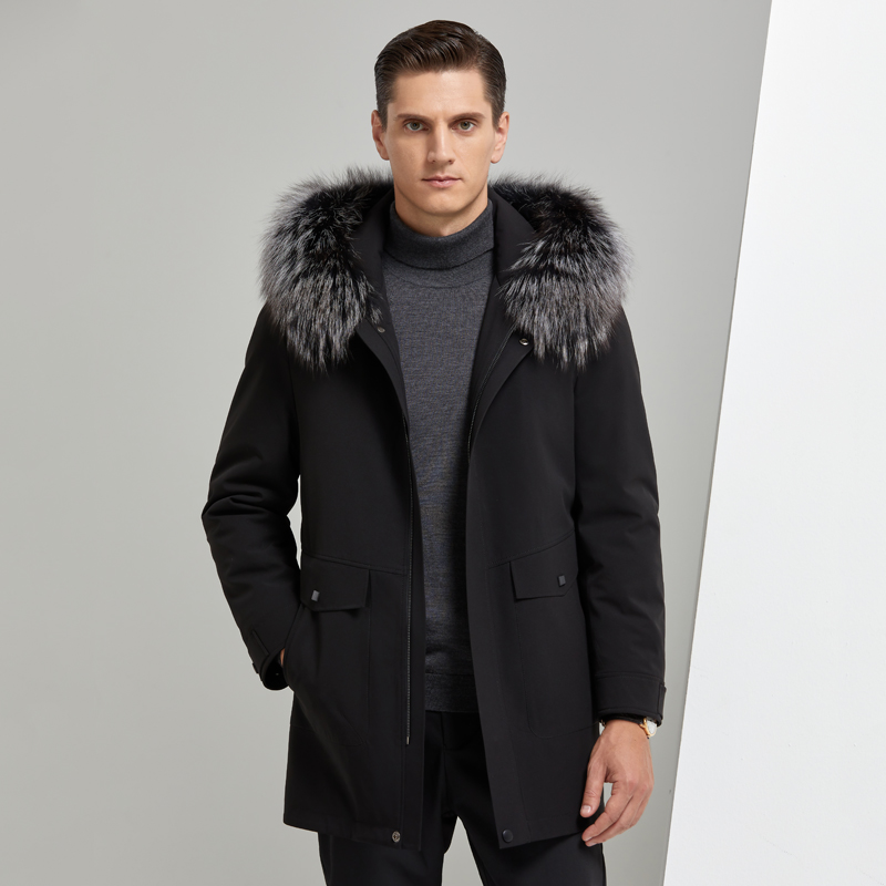 免费试穿 防水派克服男风衣冬装超大狐狸毛领派克服中长款獭兔绒内胆可拆卸毛领品牌男士商务大码防水防寒服 2088银狐毛领黑色内胆 XXXXL/195