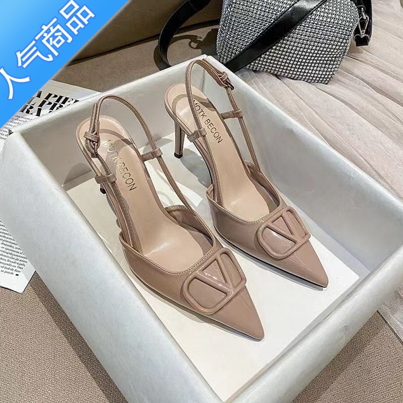 SUNTEK高跟鞋女2023年新款气质斩男细跟尖头一字带绝美凉鞋裸色女鞋v扣高清大图
