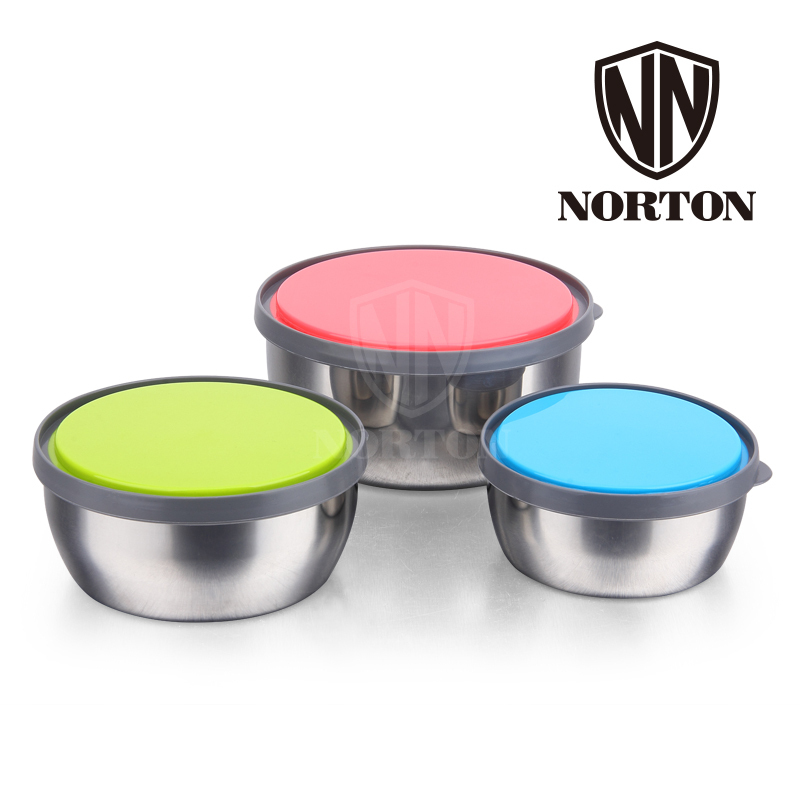 诺顿(NORTON) 5GQL003巧乐组合保鲜碗3件套家用保鲜盒套装沙拉碗便当饭盒不锈钢加厚带盖密封碗圆形汤盆和面盆