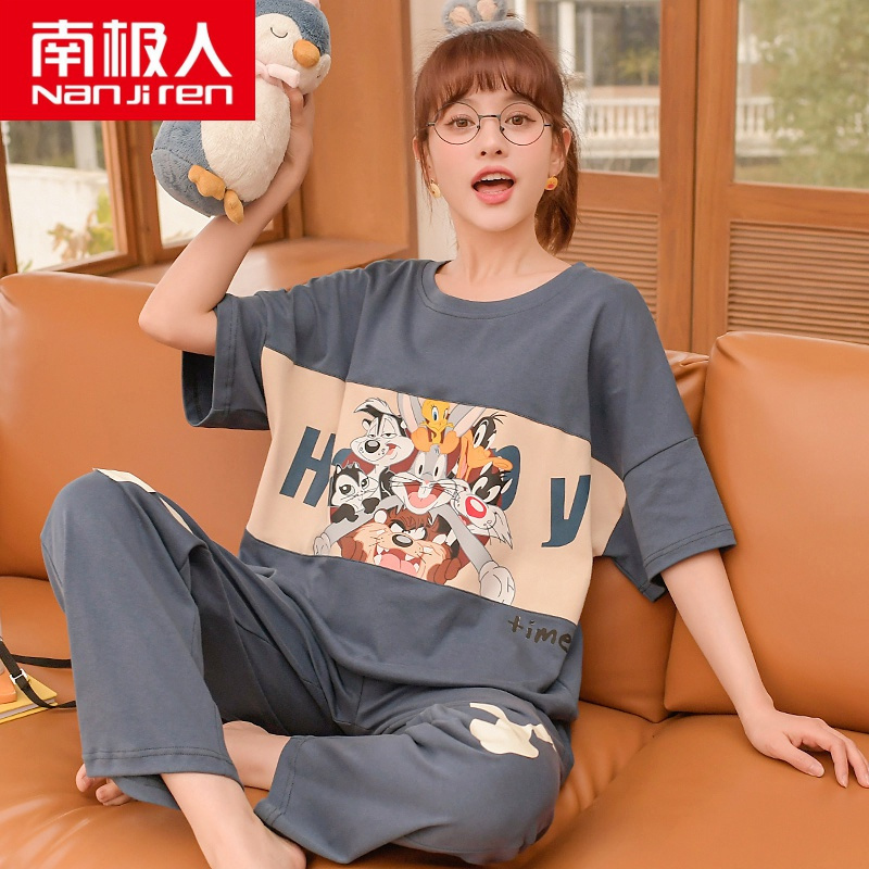 南极人睡衣女夏季薄款纯棉 两件套装 短袖长裤可爱清新家居服夏天