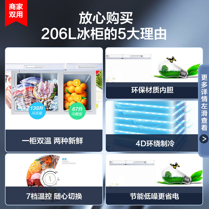 康佳(KONKA)206升 双门双温冷柜 小型家用卧式冰箱 顶开式保鲜柜 家用商用冰柜BCD-206DZP