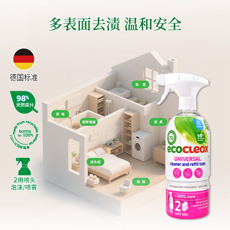 卫丫 3in1多功能全效清洁喷剂500ml+2片溶解剂高清大图