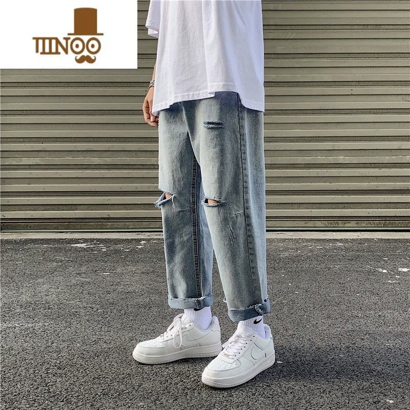 YANXU破洞牛仔裤男夏季薄款高街潮牌九分宽松直筒坠感阔腿乞丐刮烂裤子图片