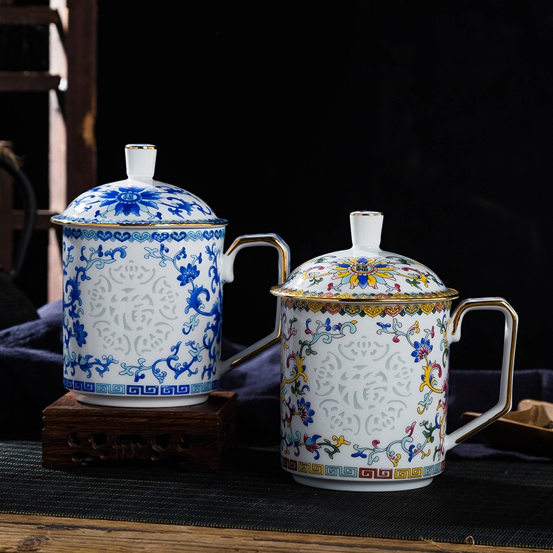 LICHEN 新中式陶瓷茶杯景德镇陶瓷器办公杯大容量500ml玲珑杯描金茶具 黄色 锦盒包装