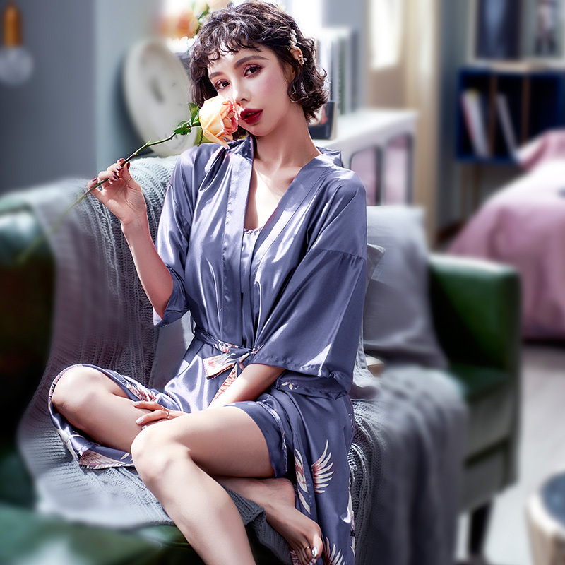 情侣款浴袍女小性感中长款夏天薄款睡袍丝绸冰丝睡衣浴衣家居服男